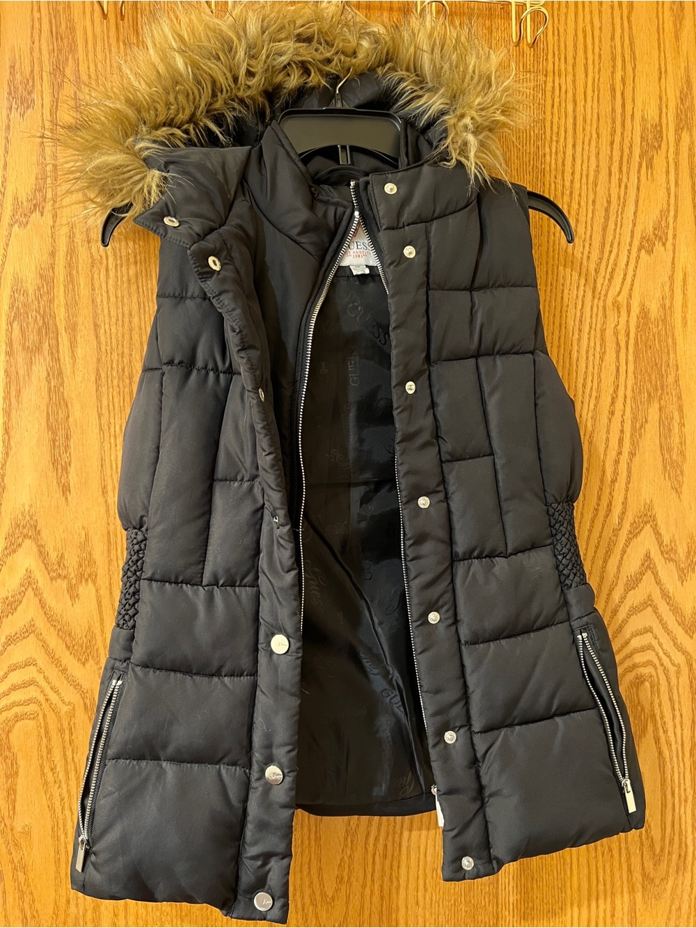 Guess Black Quilted Puffer Vest with Faux Fur Trim Hood